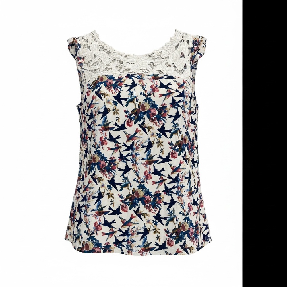 Oasis Tank Top Floral and Bird Print Lace at the front of the neck light weight